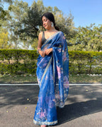 Vamsee Sia Blue Organza Saree | Grocsy