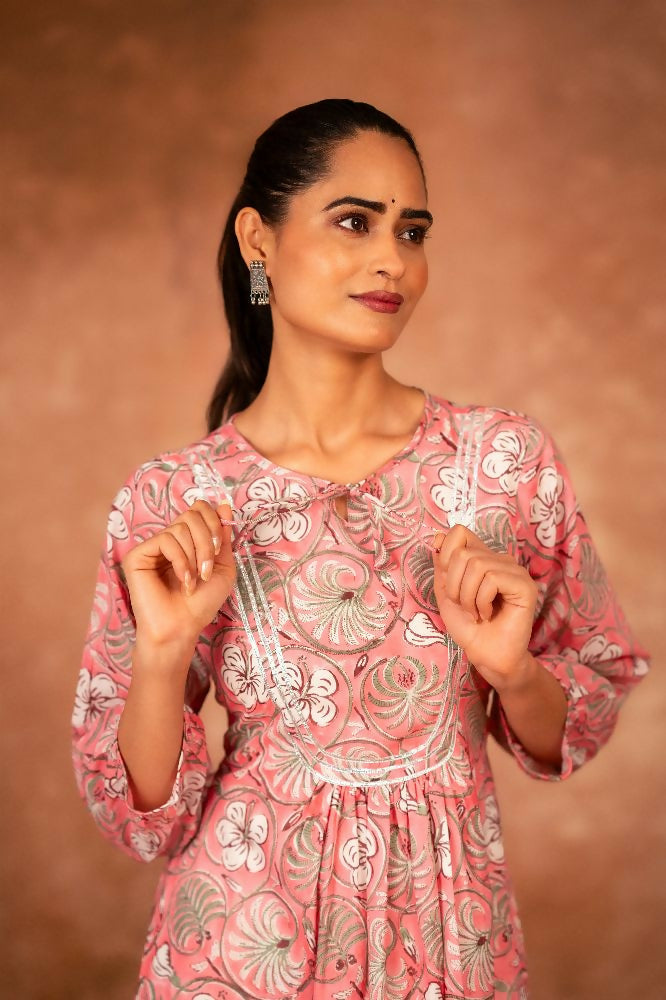 Joban Fashion Pink Floral Hand Block Printed Cotton Kurta Pant Set | Grocsy
