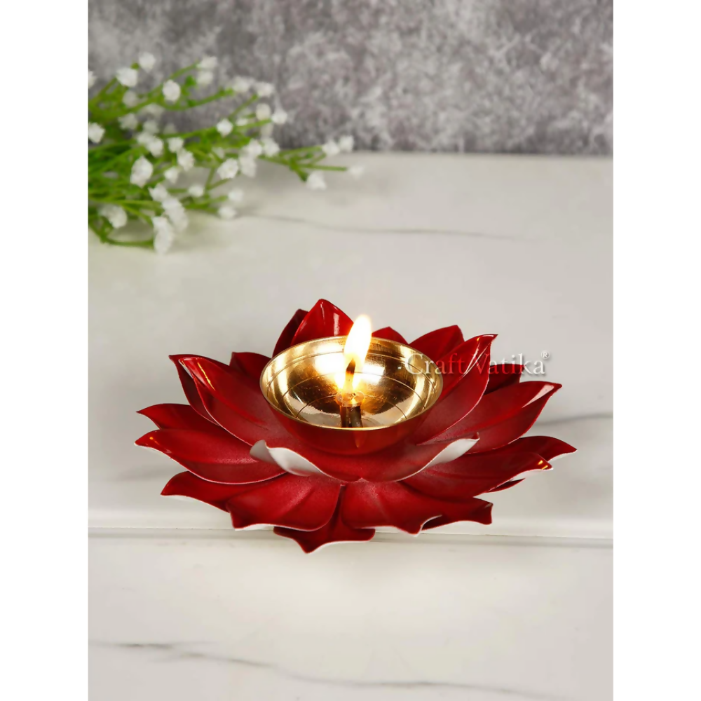 CraftVatika Kamal Diya Deepak Lotus Brass Diyas Oil Lamp - Red | Grocsy