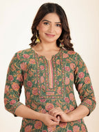 Aramya Green Kantha Cotton Floral Straight Kurta for Women | Grocsy