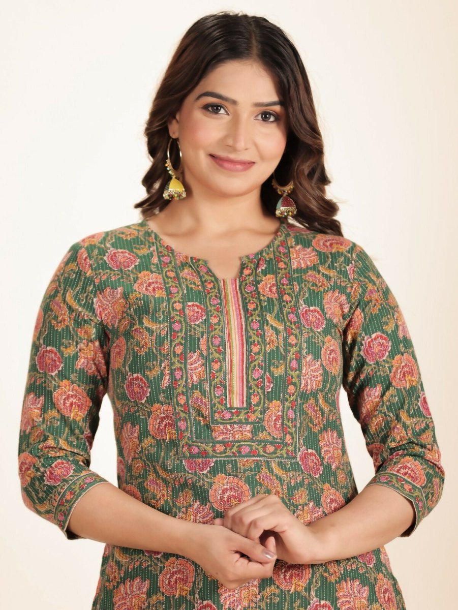 Aramya Green Kantha Cotton Floral Straight Kurta for Women | Grocsy