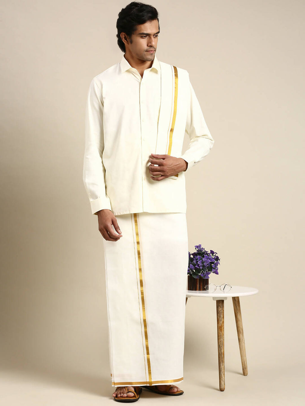 Ramraj Cotton Premium Wedding Cream Regular Dhoti, Shirt & Towel Set Golden Reward | Grocsy
