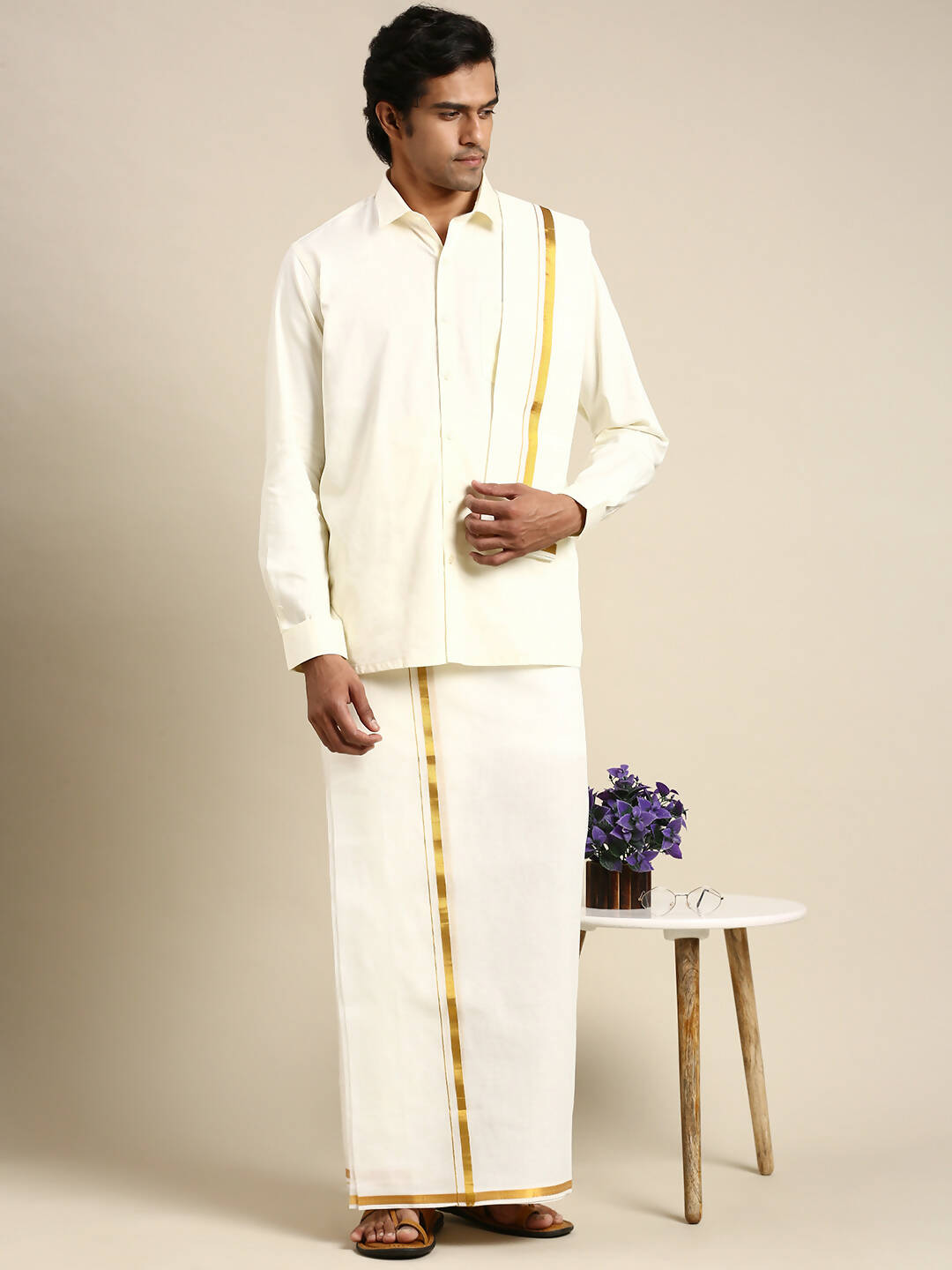 Ramraj Cotton Premium Wedding Cream Regular Dhoti, Shirt & Towel Set Golden Reward | Grocsy