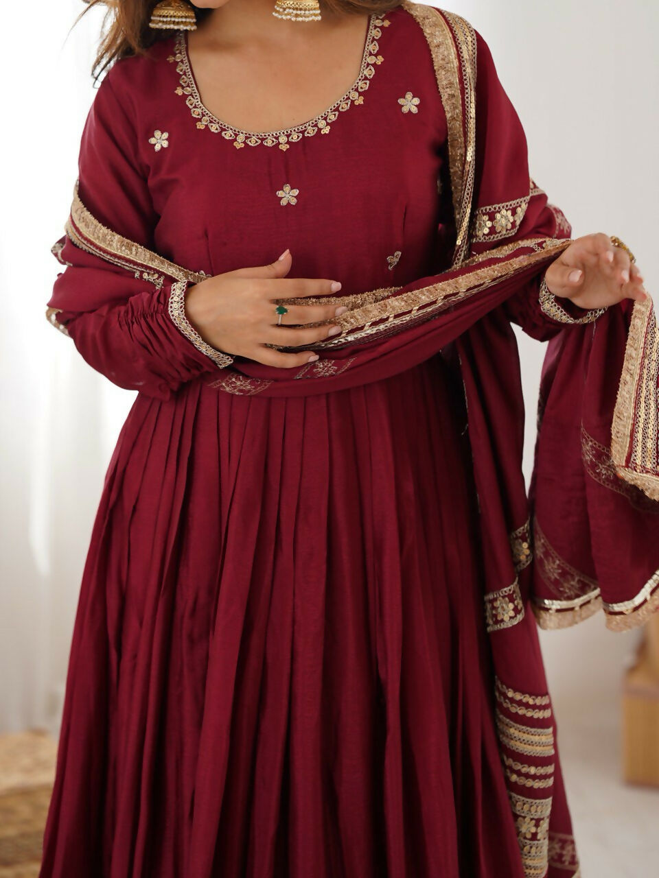 The52 Women's Gorgeous Chinon Silk Fabric Embroidery Work Flared Anarkali Pant and Dupatta Set | Grocsy