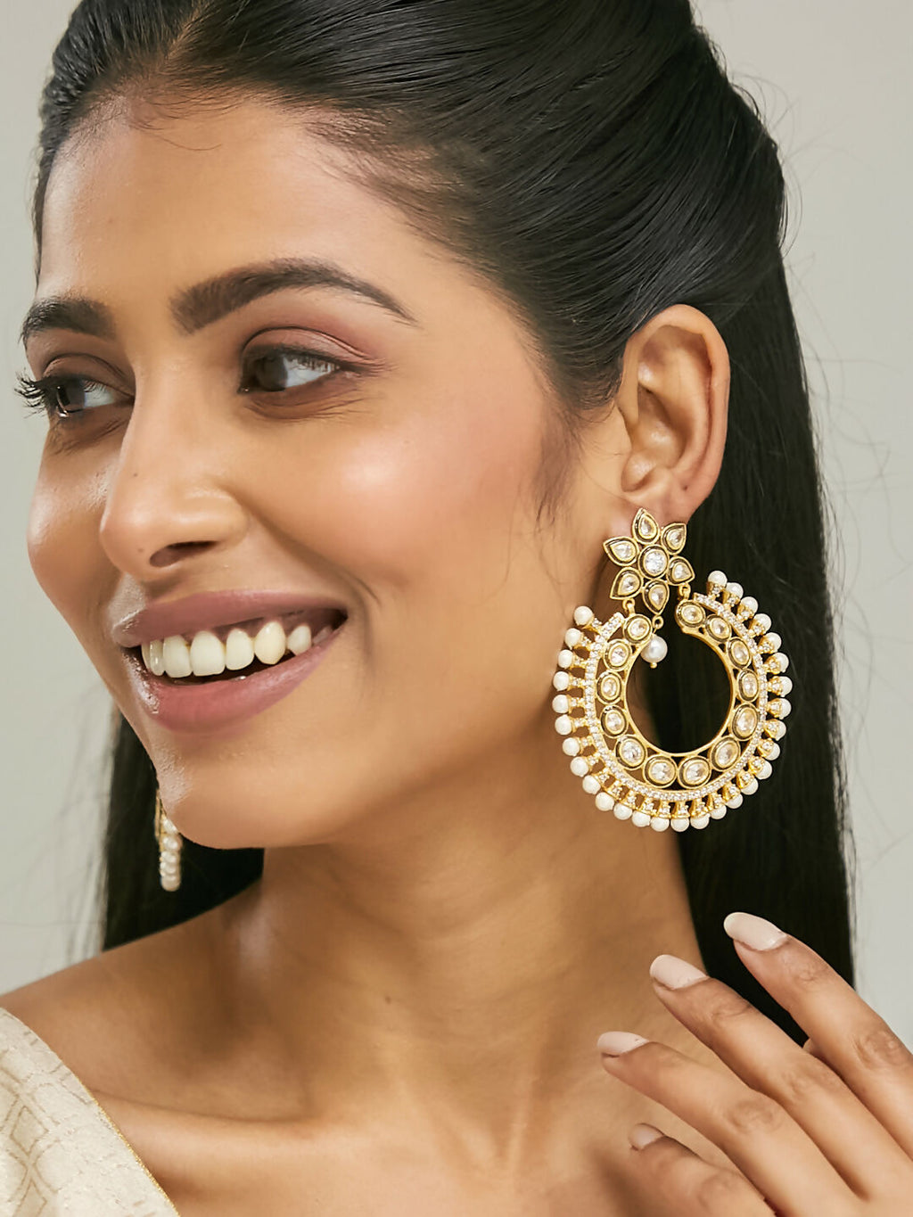 Nuyug 22K Gold-Plated Kundan Studded & Pearl Beaded Floral Chandbali Earrings | Grocsy