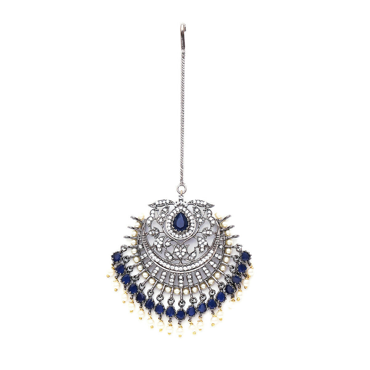 Oversized Diamond & Blue Stone Maang Tikka- Ruby Raang | Grocsy