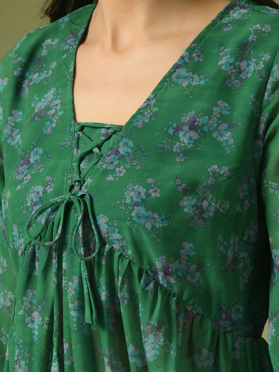 Myshka Women's Green Printed Georgette A-Line Nyra-cut Kurta | Grocsy