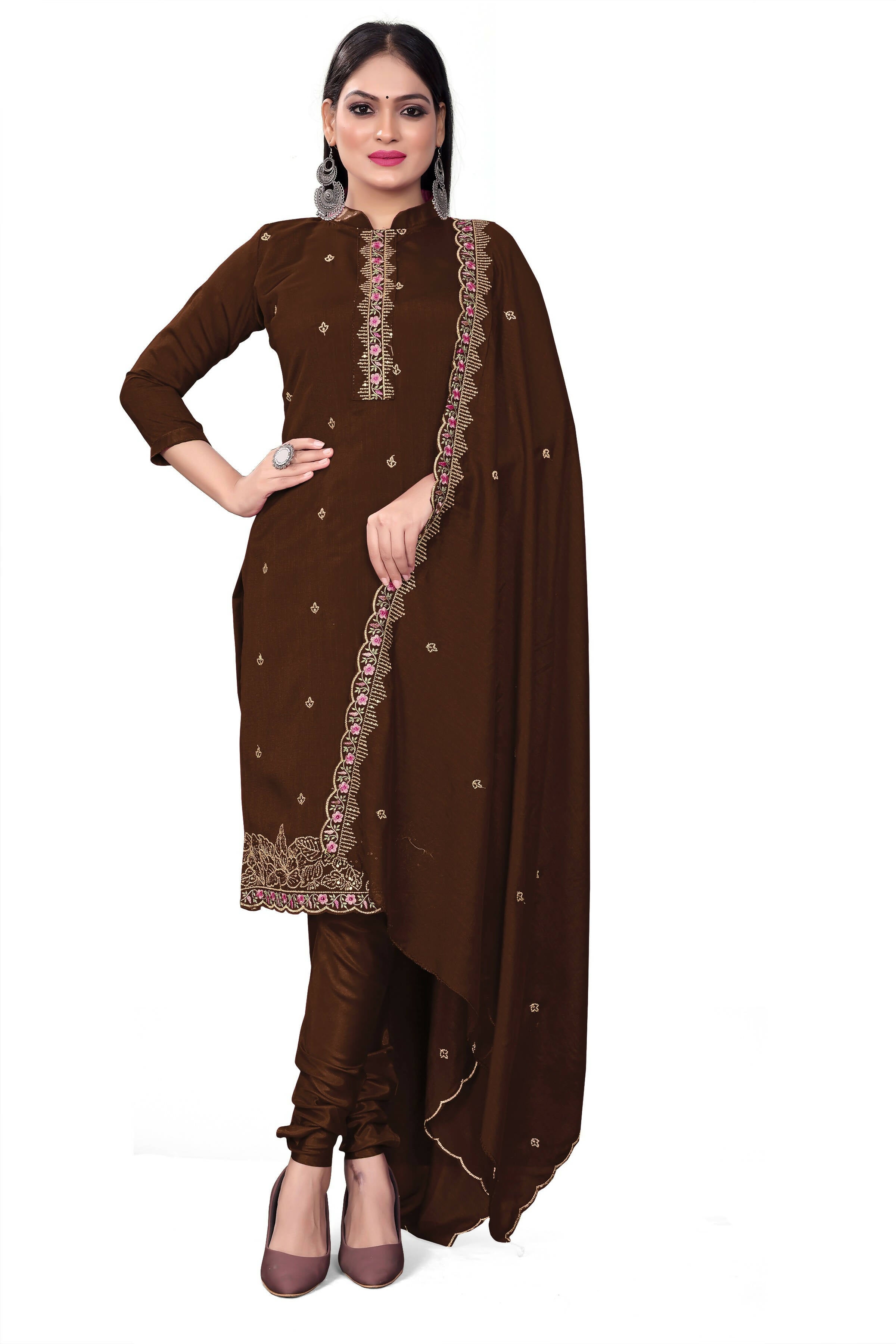 Brown Silk Embroidered with Sequins work Unstitched Dress Material - Tanvi | Grocsy