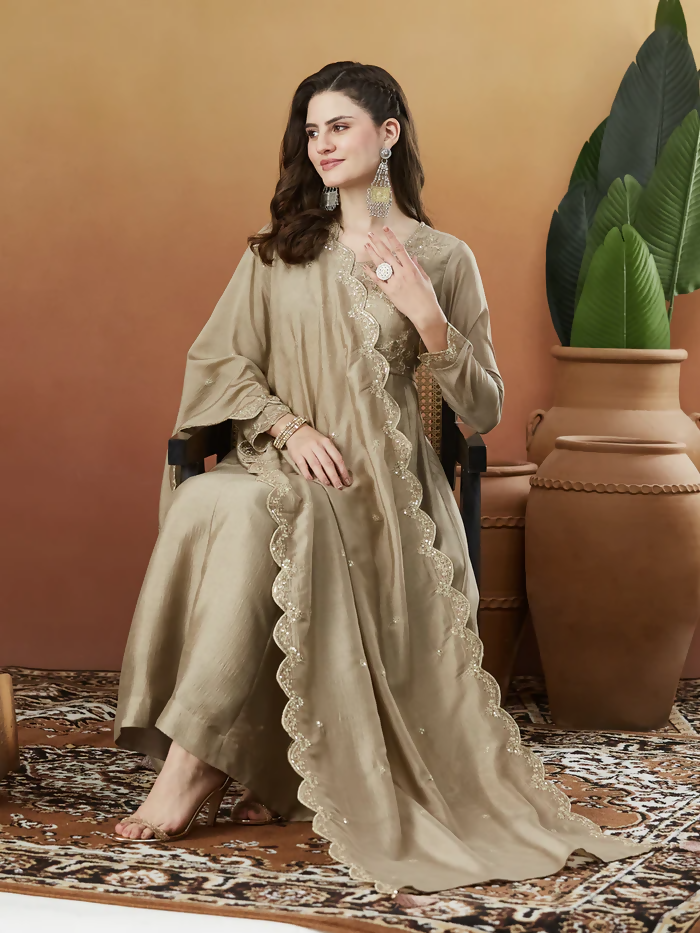 The52 Chiku Women's Beautiful Vichitra Silk Fabric Embroidered Work Flared Anarkali Pant and Dupatta Set | Grocsy