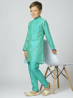 Joban Fashion Kids Island Full Sleeves Chanderi Kurta, Pyjama Set with Traditional Butta Work - Sea Green | Grocsy