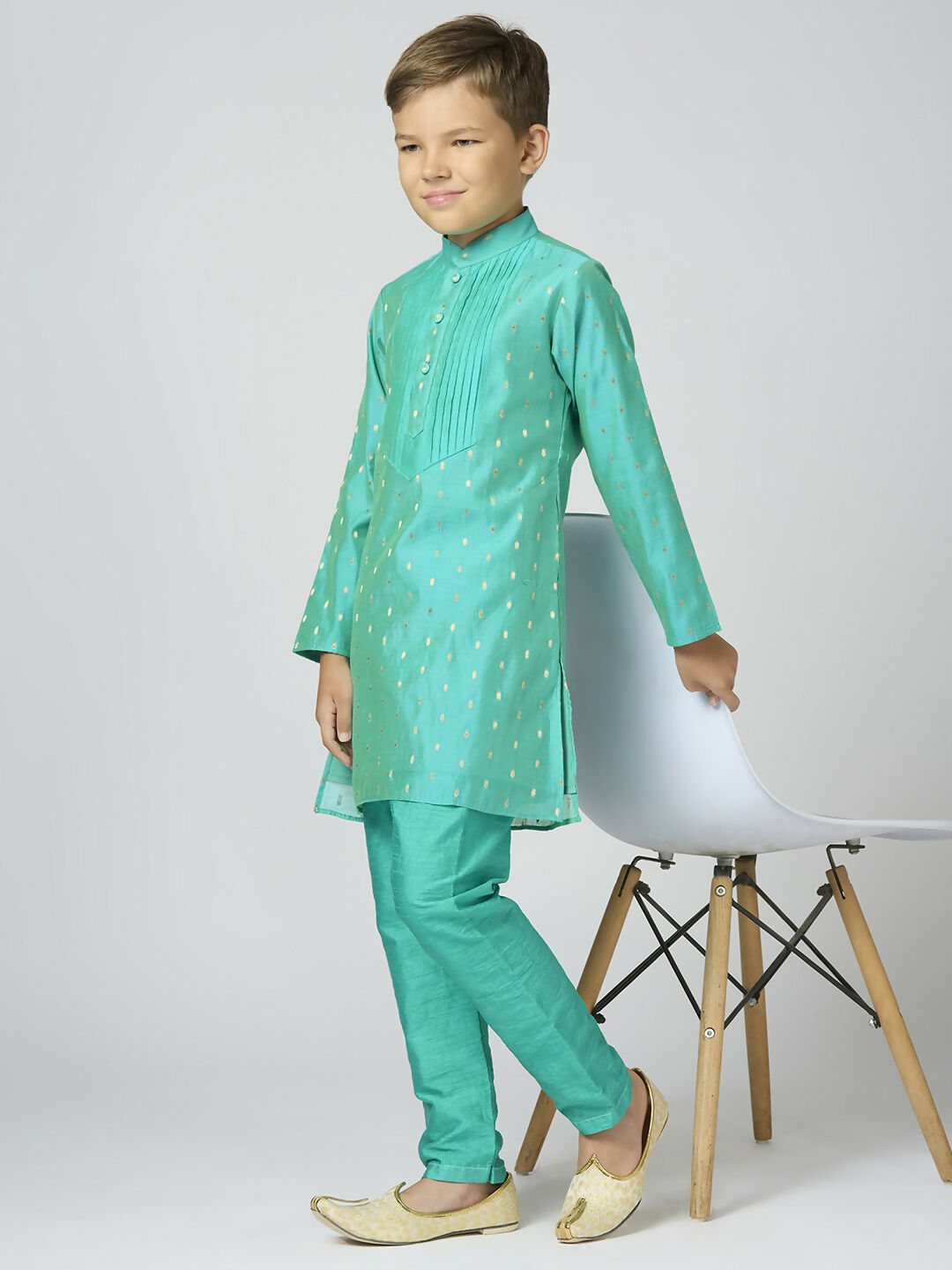 Joban Fashion Kids Island Full Sleeves Chanderi Kurta, Pyjama Set with Traditional Butta Work - Sea Green | Grocsy