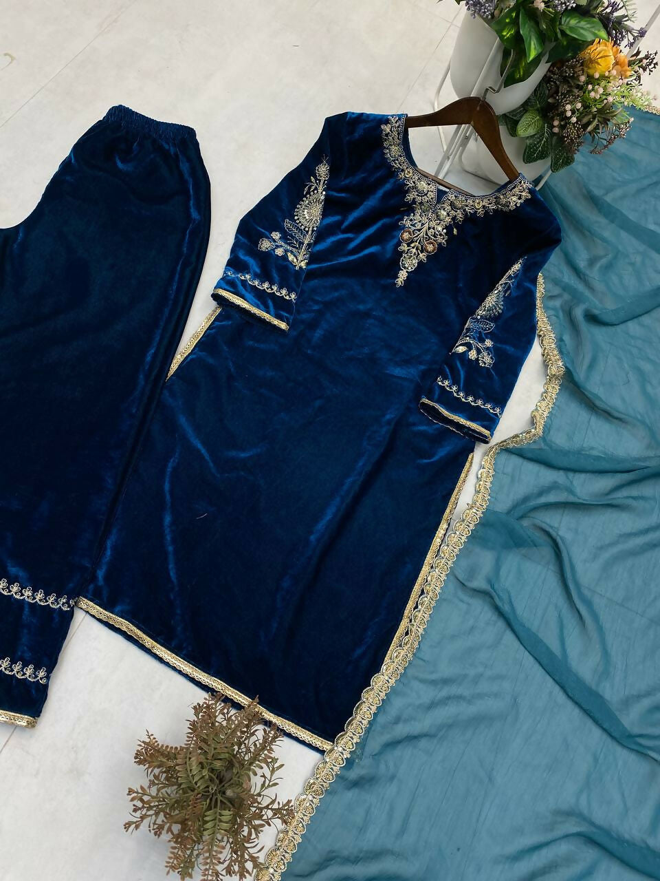 Vastranavya Teal Velvet Cording Sequence Embroidery Work Suit With Dupatta | Grocsy