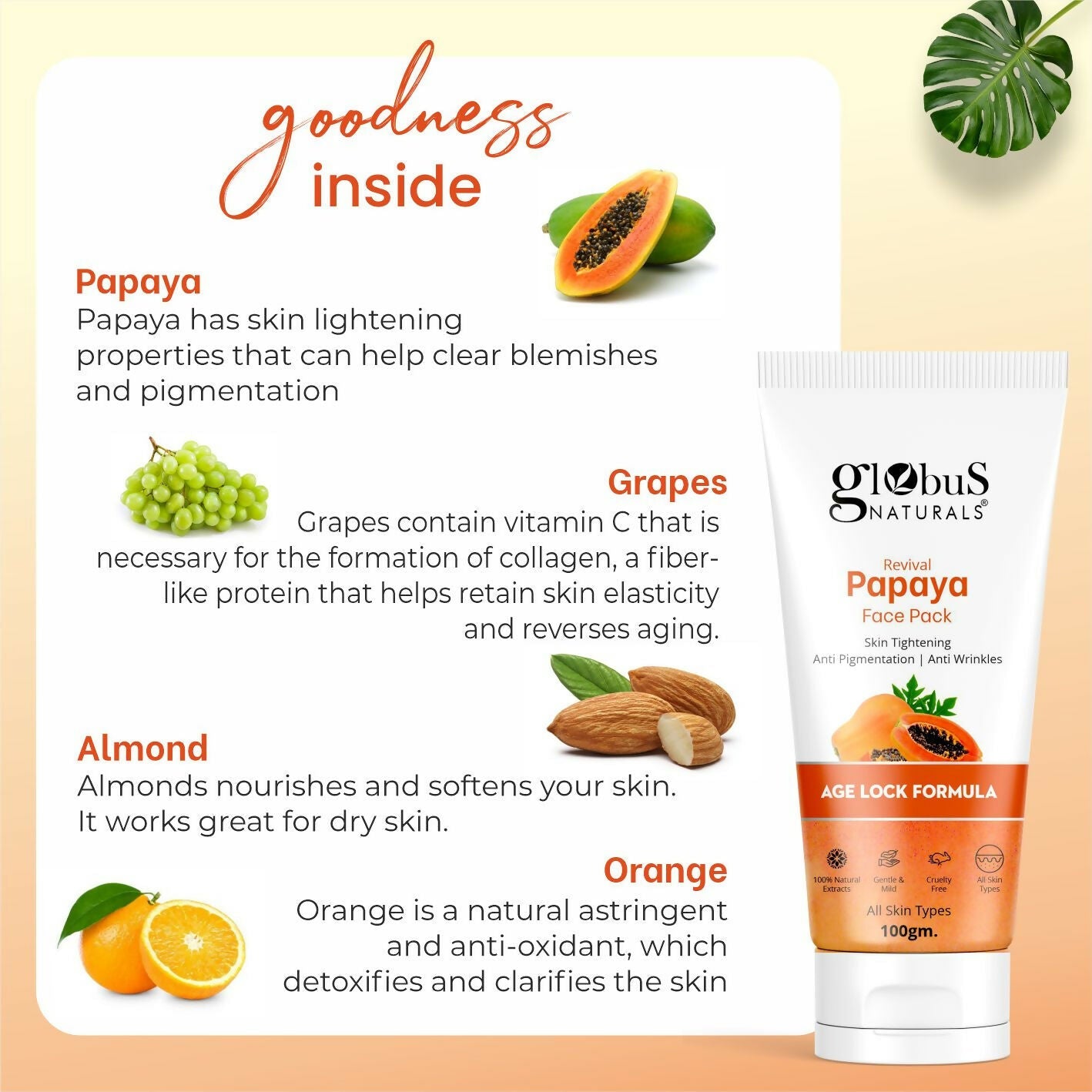 Globus Naturals Papaya Face Pack, For Tan Removal, Age Lock Formula | Grocsy
