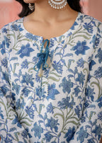 Kaajh Women's White Blue Floral Print Kurta Pant Set | Grocsy
