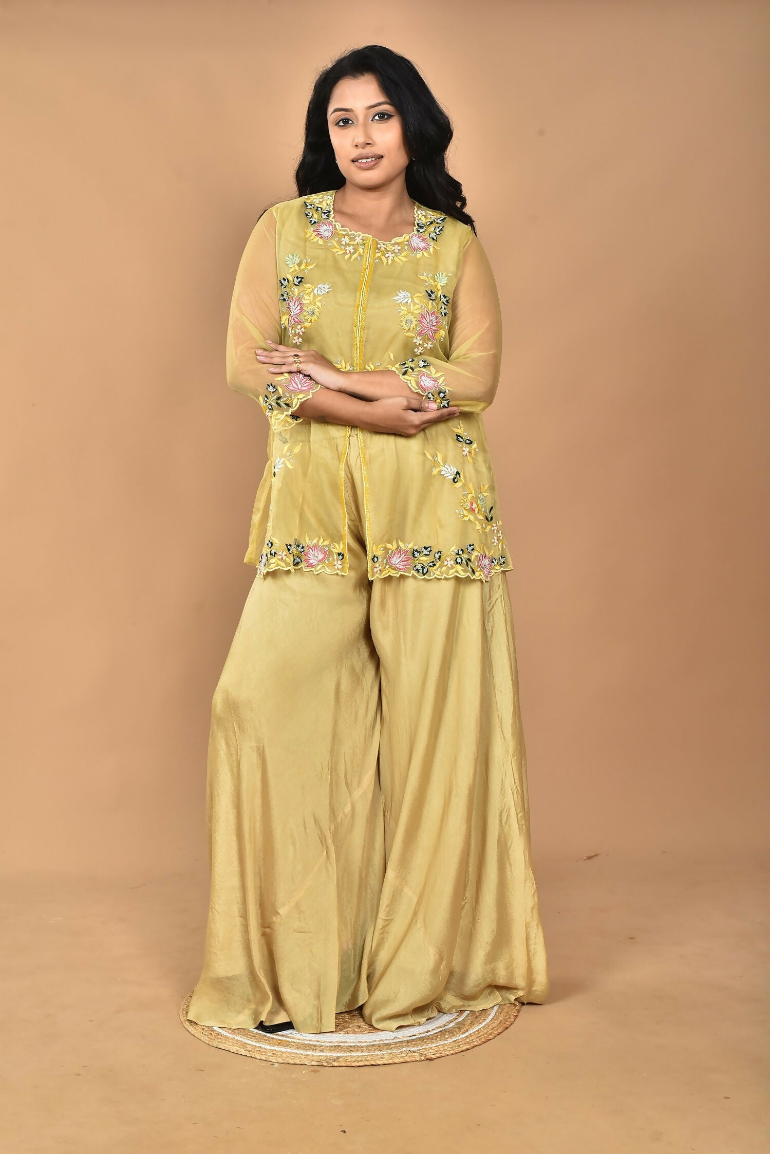 Morchari Women And Hand Embroidery Palazzo Set-Mustard | Grocsy