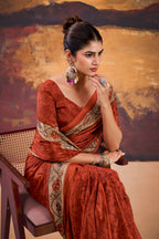 Vastranavya Orange Crepe Printed Saree with Unstitched Blouse | Grocsy