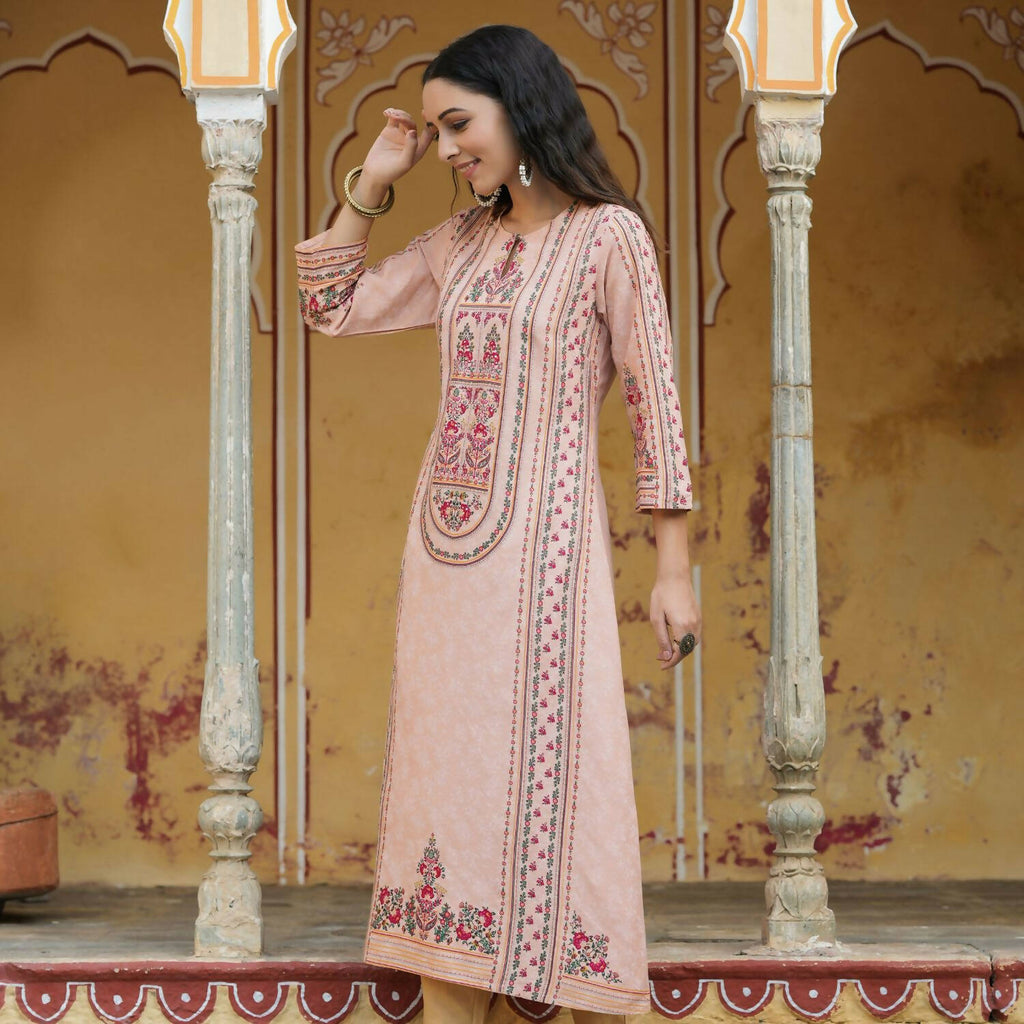 Juniper Women's Peach Rayon Staple Printed A-Line Kurta | Grocsy