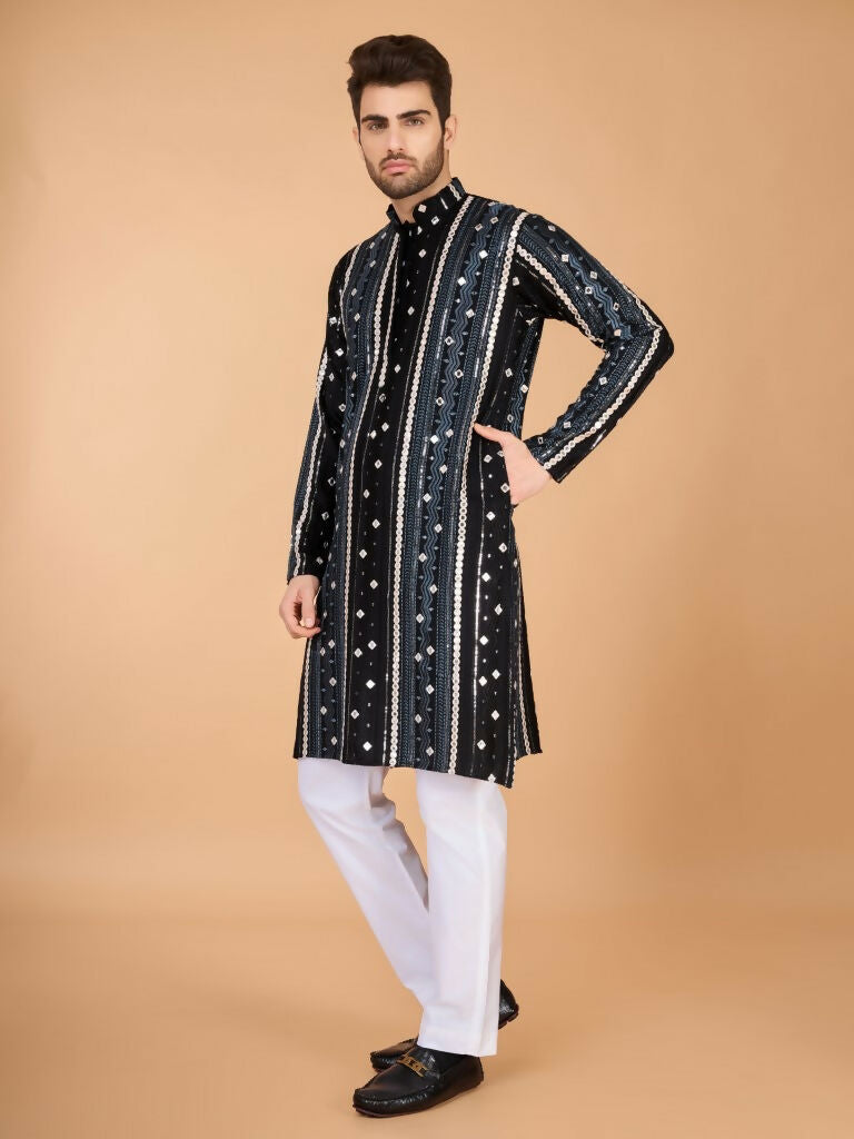 Vastranavya Black Exclusive Festival Wear Pure Viscose Rayon Sequence & Foil Mirror Heavy Embroidered Work Kurta | Grocsy