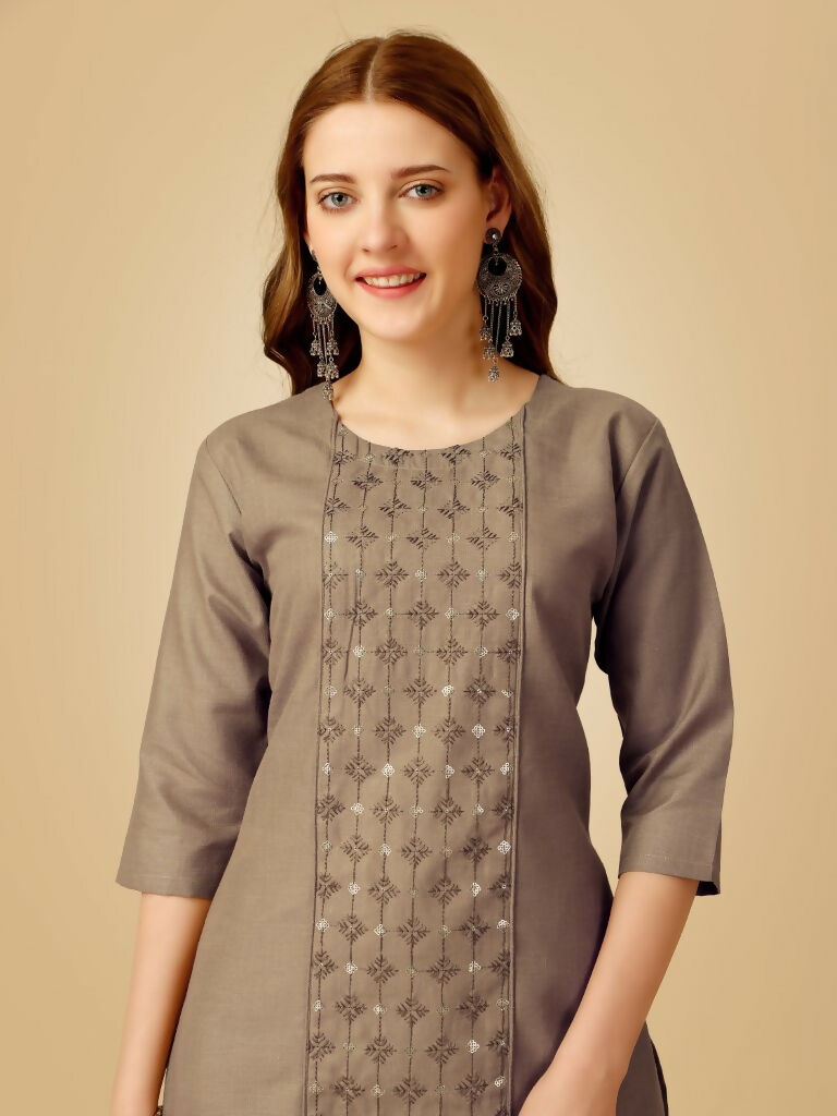 Jyoti Fashion Women's Khaki Cotton Blend Embroidered Kurta Pant Set | Grocsy