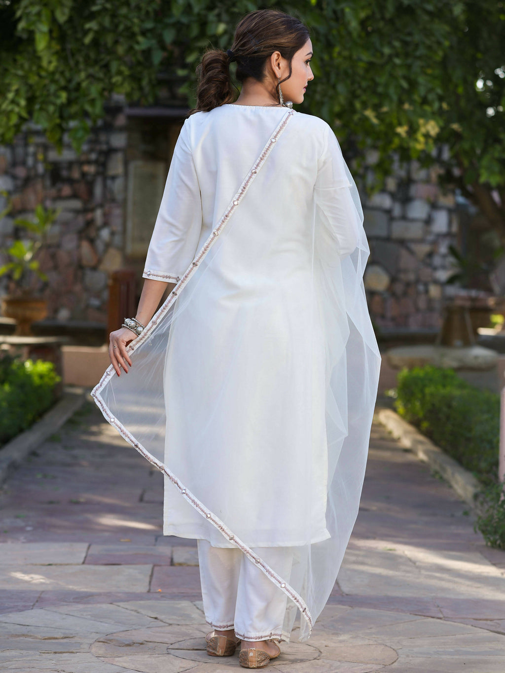 Juniper Women's Off-White Chinnon Embroidered Kurta Pant Dupatta Set | Grocsy