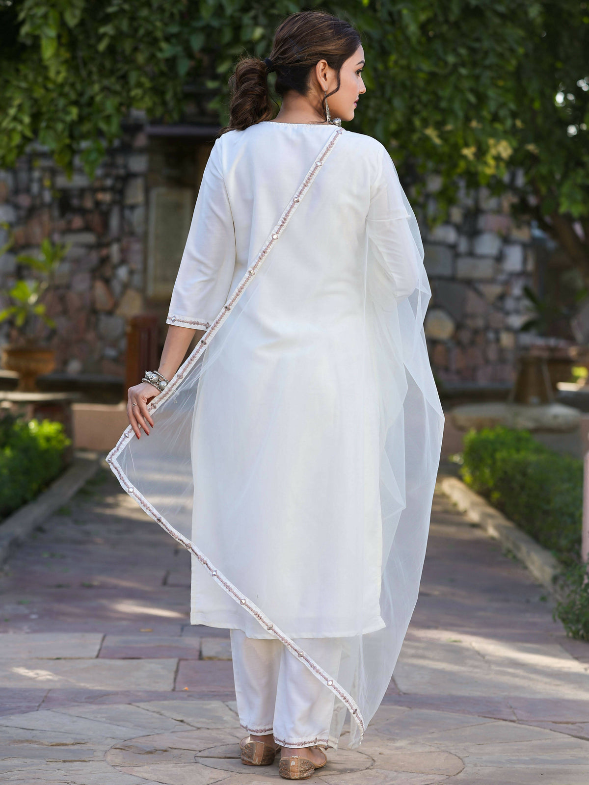 Juniper Women's Off-White Chinnon Embroidered Kurta Pant Dupatta Set | Grocsy
