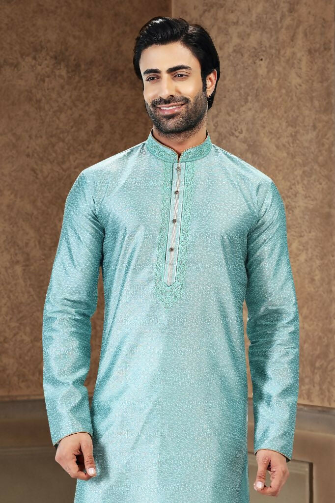 Raivat Ethnic Jacquard Banarasi Silk Thread Work Kurta Pajama In Sky Blue Colour | Grocsy