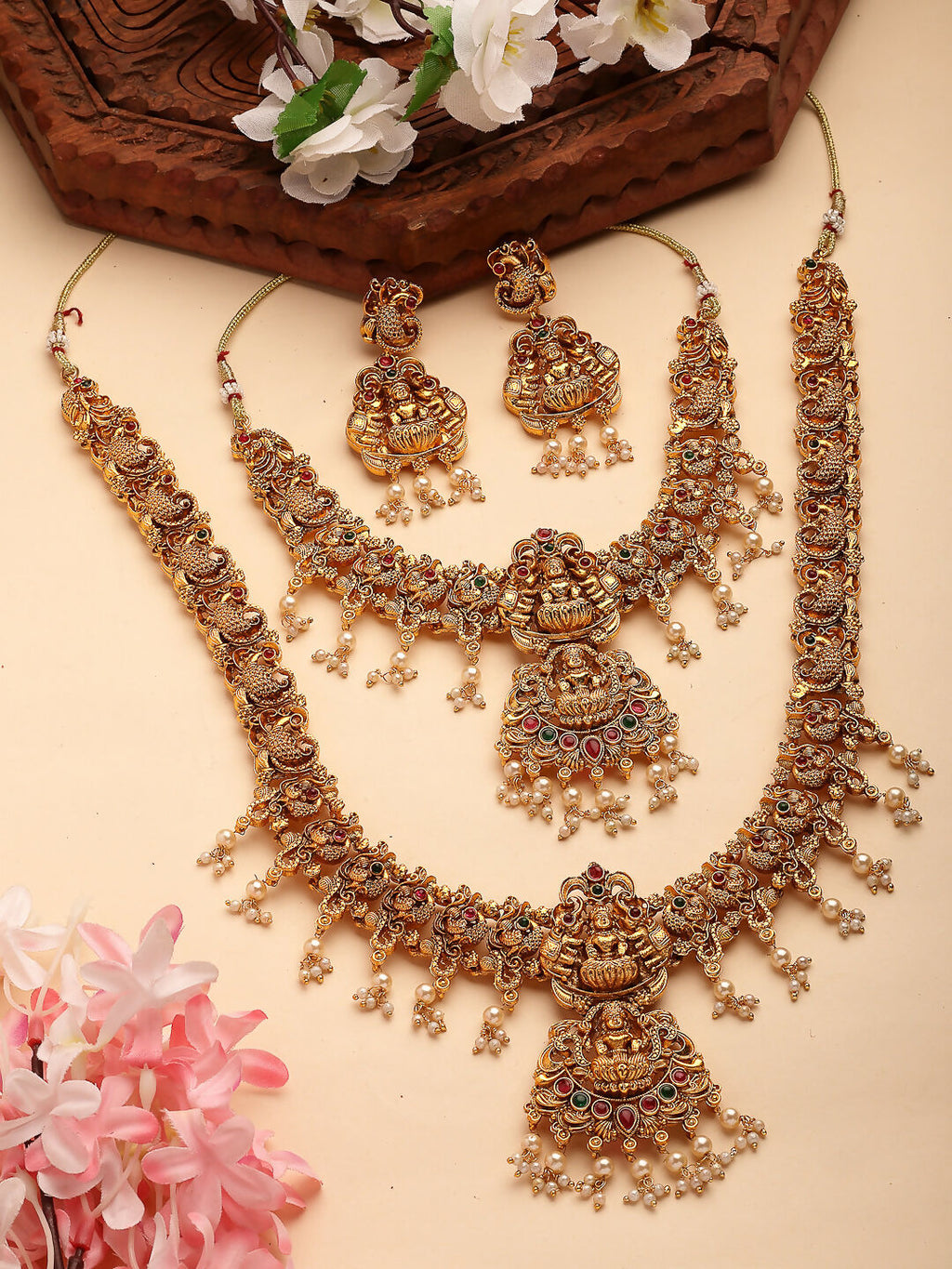 NVR Women's Set of 2 Gold-Polished Green & Red Stone Studded Lakshmi Design Temple Jewellery Set | Grocsy