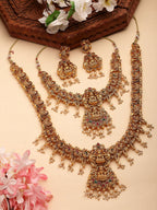 NVR Women's Set of 2 Gold-Polished Green & Red Stone Studded Lakshmi Design Temple Jewellery Set | Grocsy