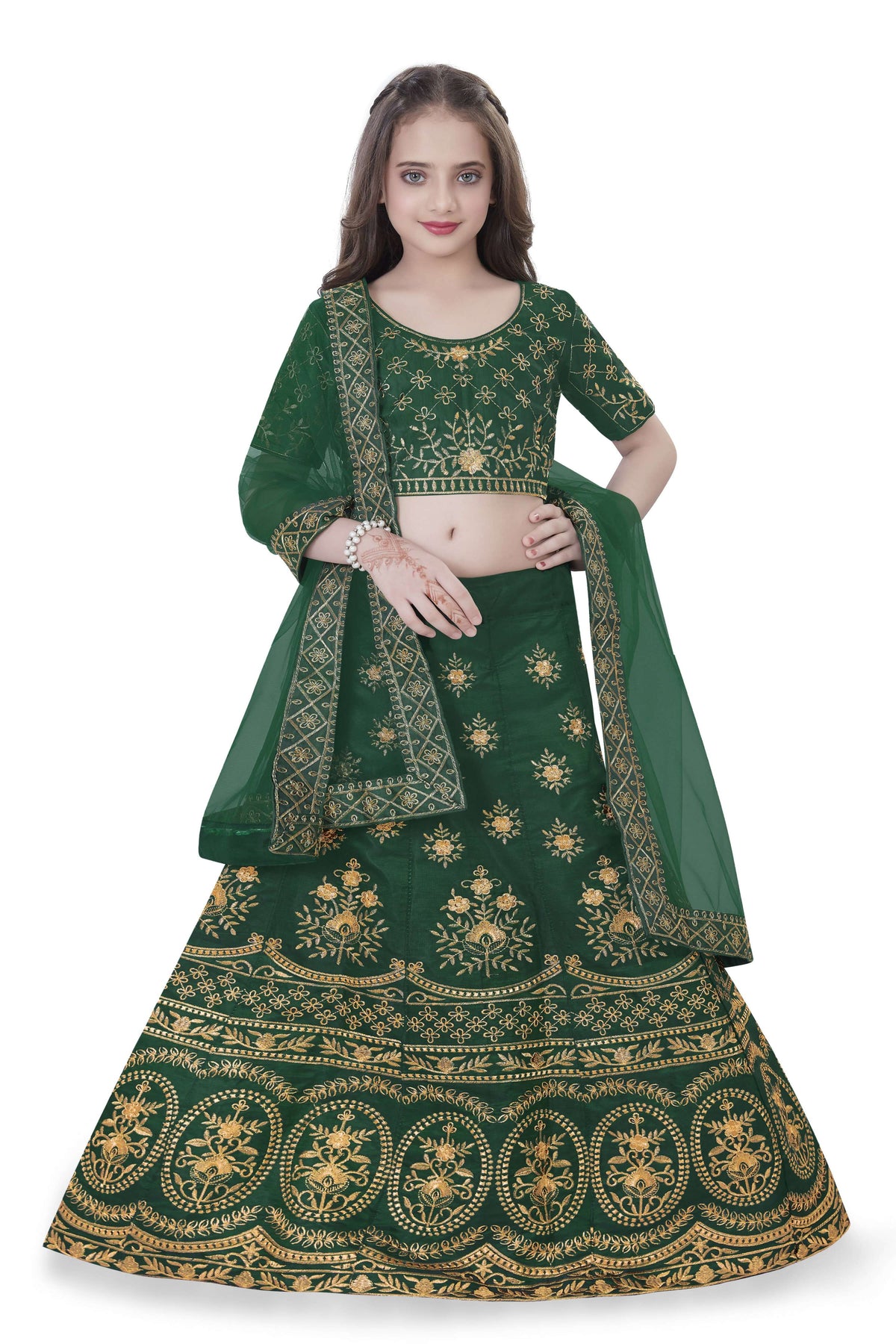 Dwiden Green Lehriyu Tafetta Sattin Semi-Stitched Girl's Lehenga Choli | Grocsy