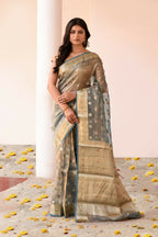 Joban Fashion Grey Pure Banarasi Tissue Saree | Grocsy