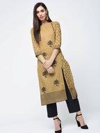 Aniyah Cotton Block Printed Beige Color Front Slit Kurta (AN-117K) | Grocsy