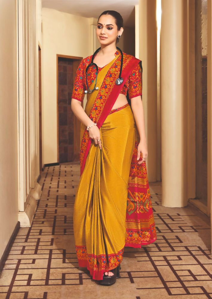 Joban Fashion Yellow Crepe Silk with Traditional Print Saree | Grocsy