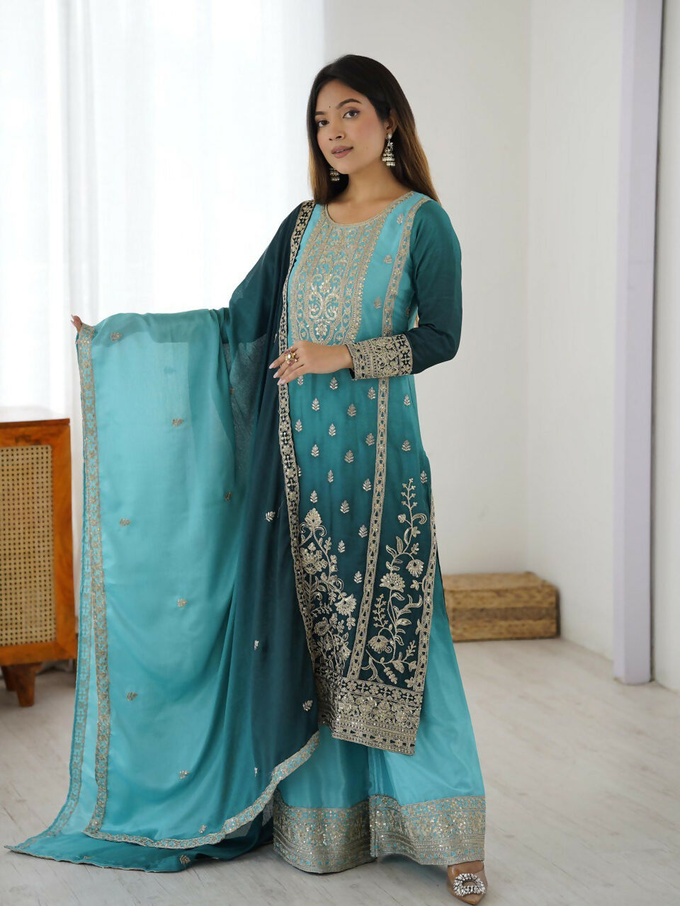 The52 Women's Gorgeous Chinon silk Fabric Embroidery Work Straight Kurta Palazzo and Dupatta Set | Grocsy