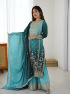 The52 Women's Gorgeous Chinon silk Fabric Embroidery Work Straight Kurta Palazzo and Dupatta Set | Grocsy