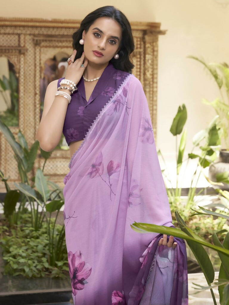 Vastranavya Lavender Weightless Marble Printed & Trim Lace Border Saree with Unstitched Blouse | Grocsy