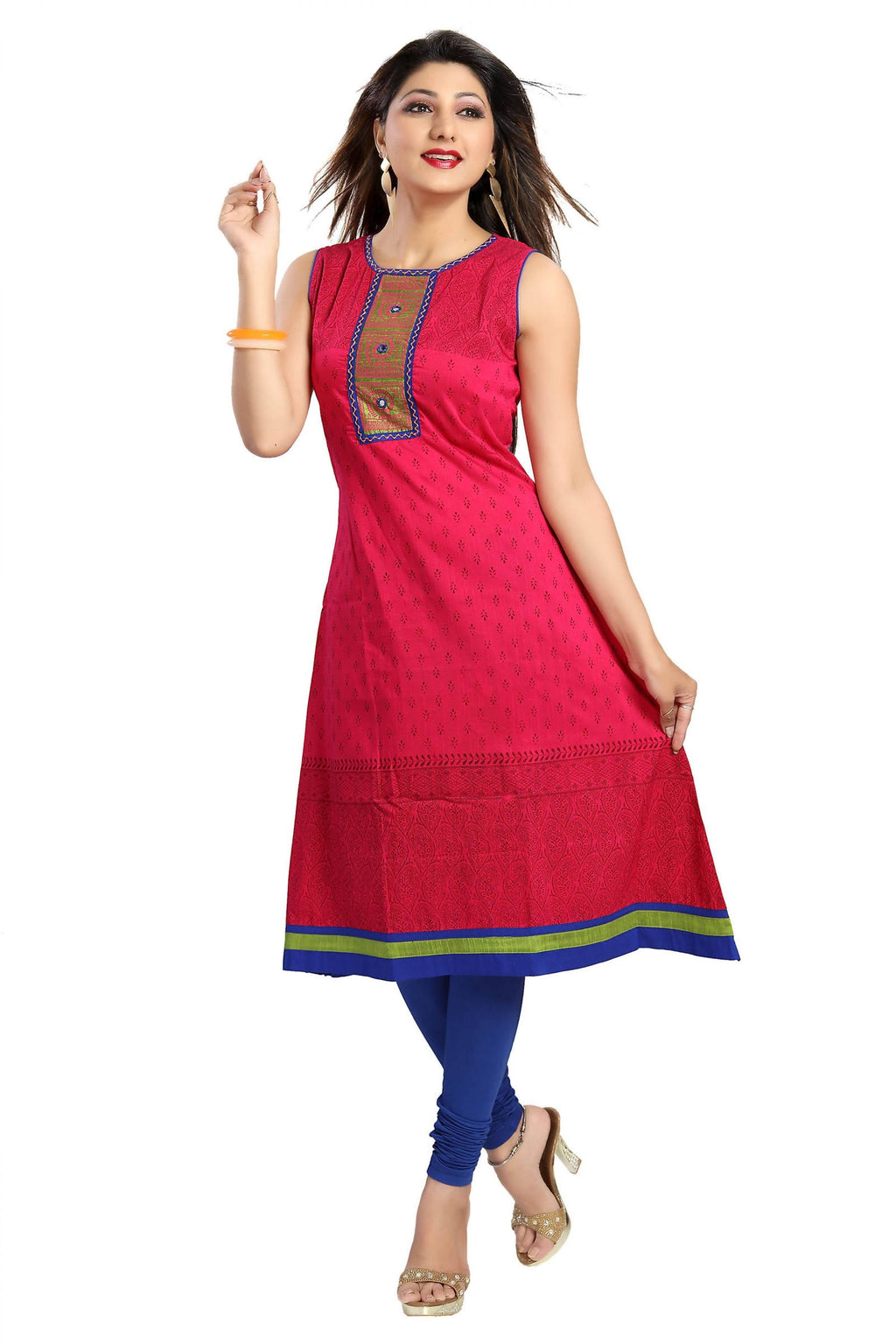 Snehal Creations Bold And Blast Hot Pink Raw Silk Sleeveless Kurti Tunic | Grocsy