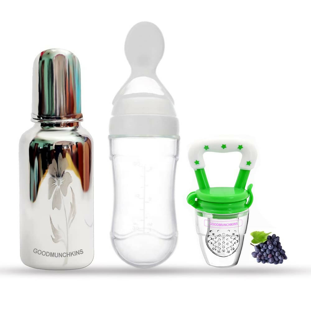 Goodmunchkins Stainless Steel Feeding Bottle, Food Feeder & Fruit Feeder Combo for Baby-(White-Green, 220ml) | Grocsy