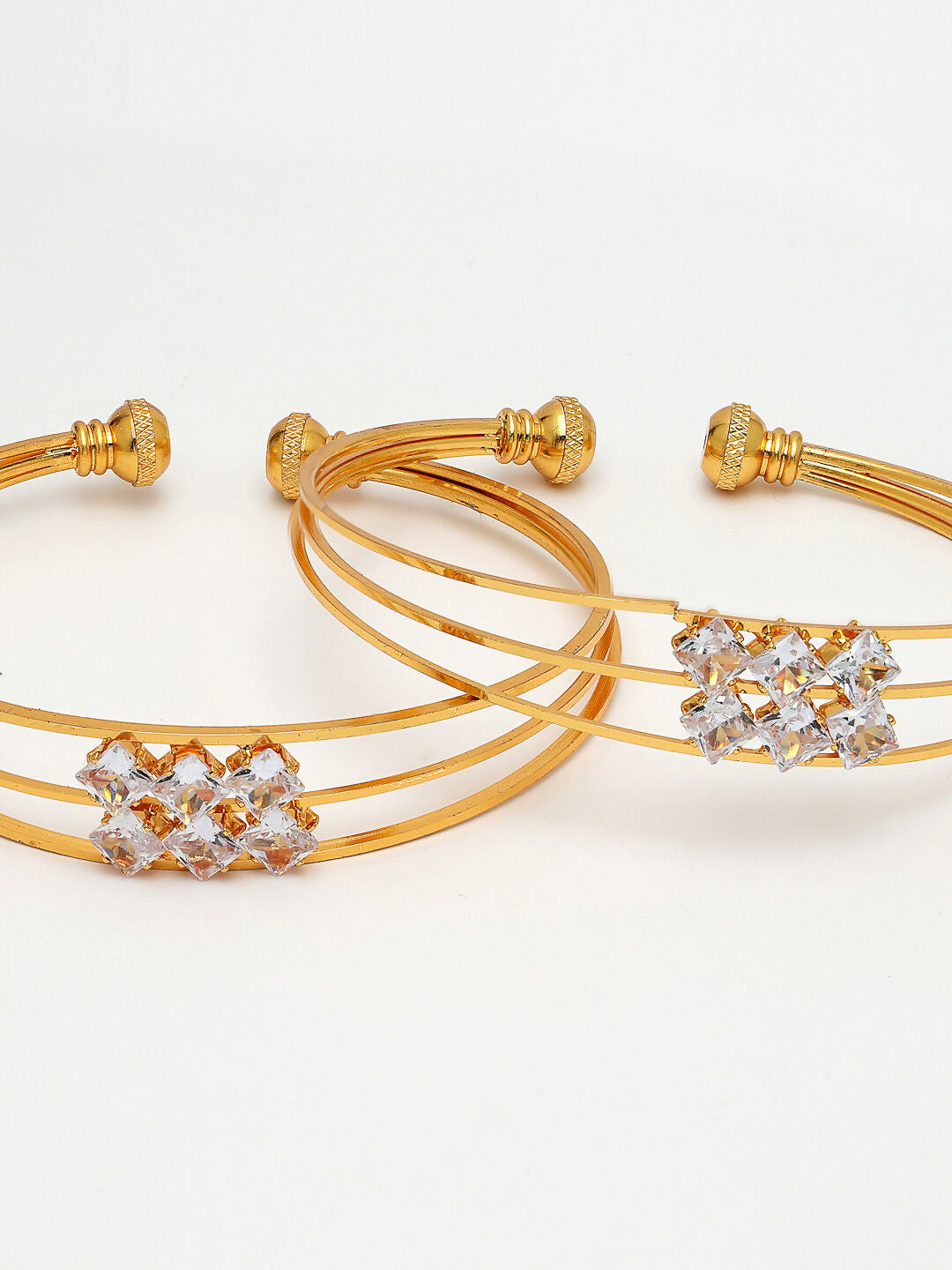 NVR Women's Set of 2 Gold-Polished CZ Stone-Studded Adjustable Bangles