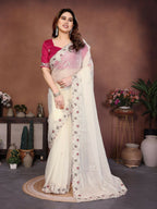 Teeya Creation New Womens Latest Party Wear Soft Chiffon Silk Saree-White | Grocsy