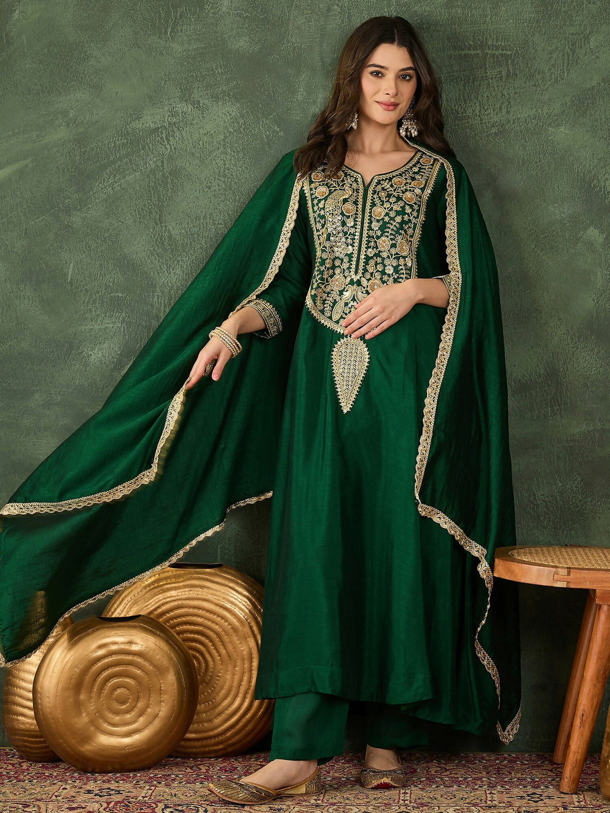 The52 Women's Beautiful Embroidery Work Vichitra Silk Fabric Flared Kurta Pant and Dupatta Set-Green | Grocsy