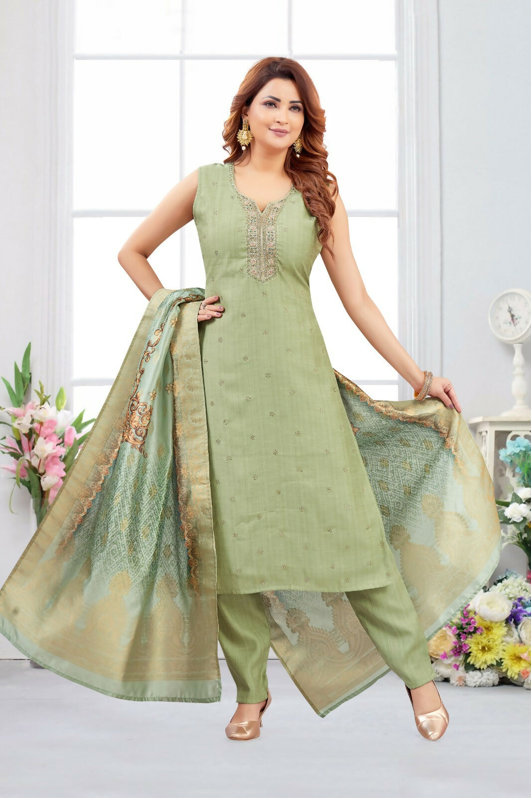 Joban Fashion Jacquard Pista Color Kurta Set | Grocsy