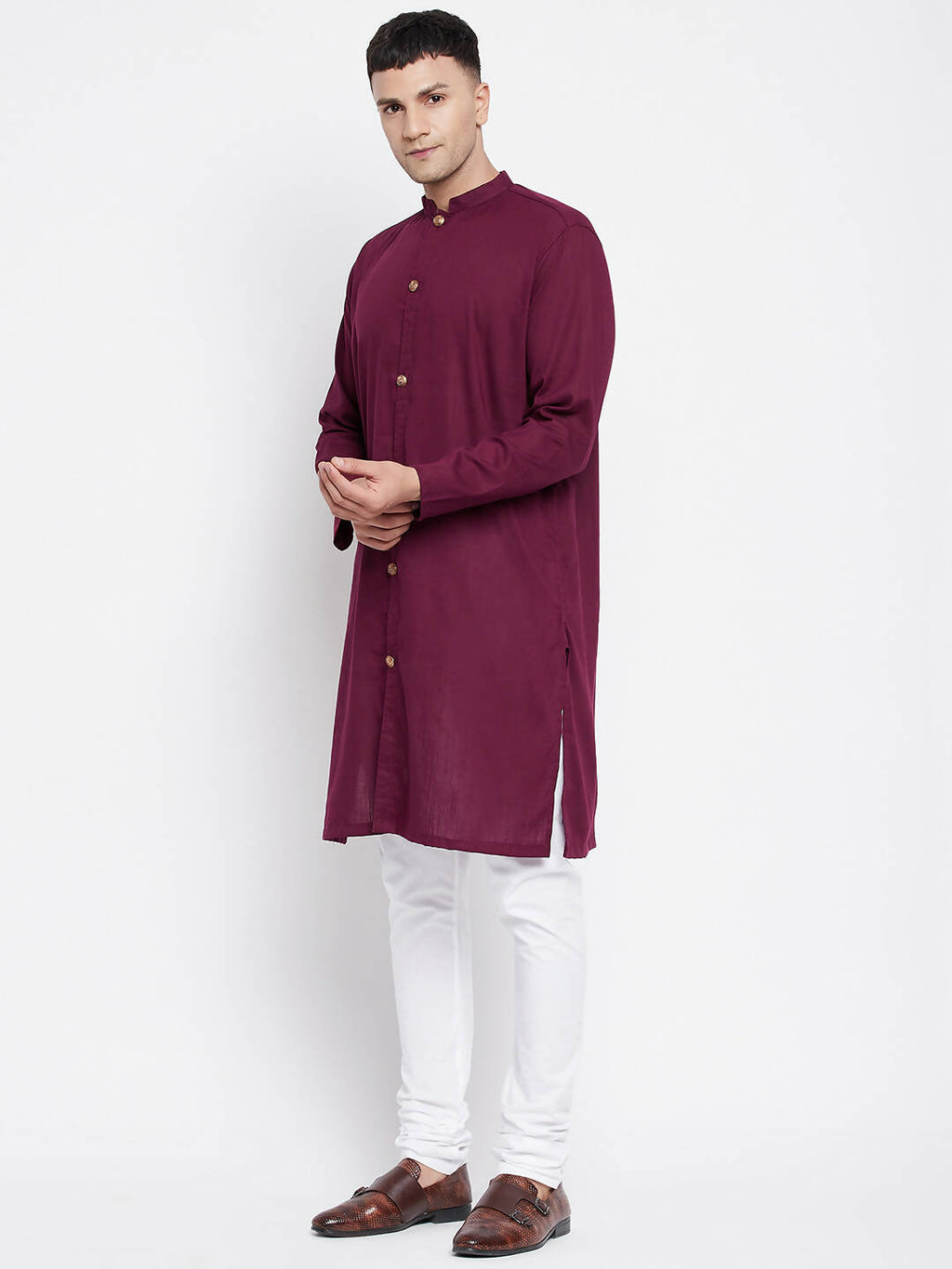 Even Apparels Maroon Pure Cotton Men's Sherwani Kurta With Open Front | Grocsy