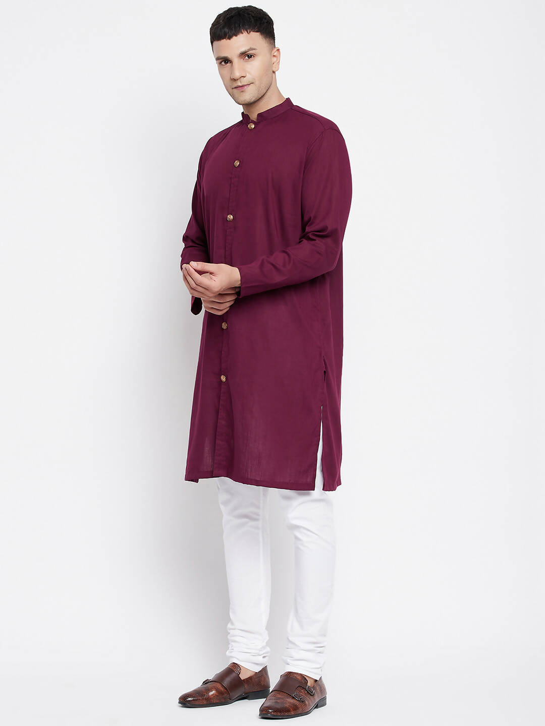 Even Apparels Maroon Pure Cotton Men's Sherwani Kurta With Open Front | Grocsy