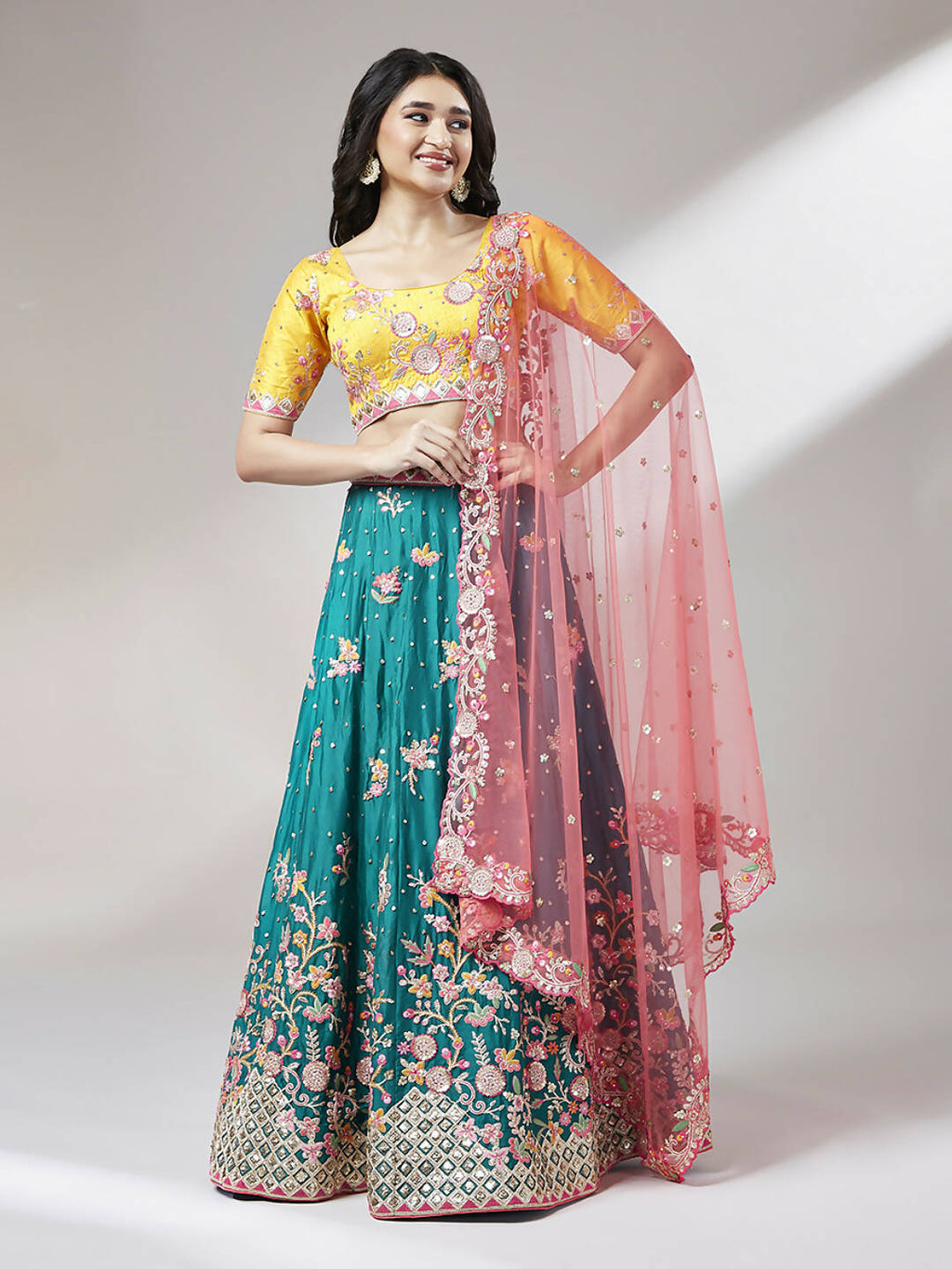 House of Panchhi Teal Pure Georgette Sequinse Work Lehenga & Blouse with Dupatta | Grocsy