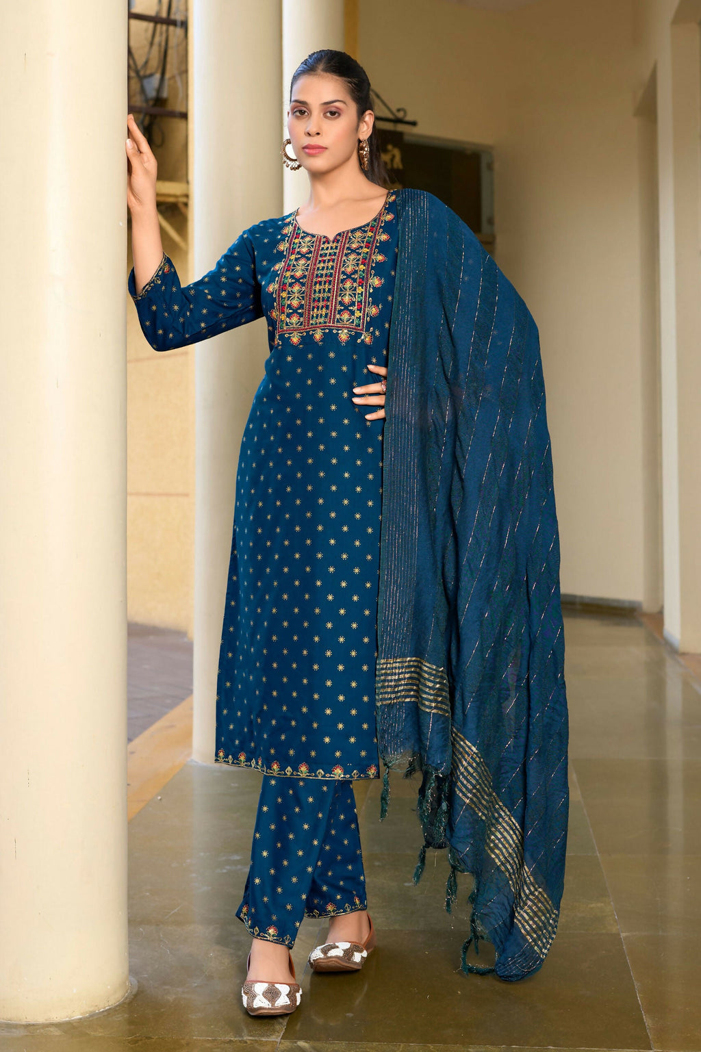 Jyoti Fashion Women's Morpich 14KG Rayon Foil Print with Embroidery Kurta Set | Grocsy