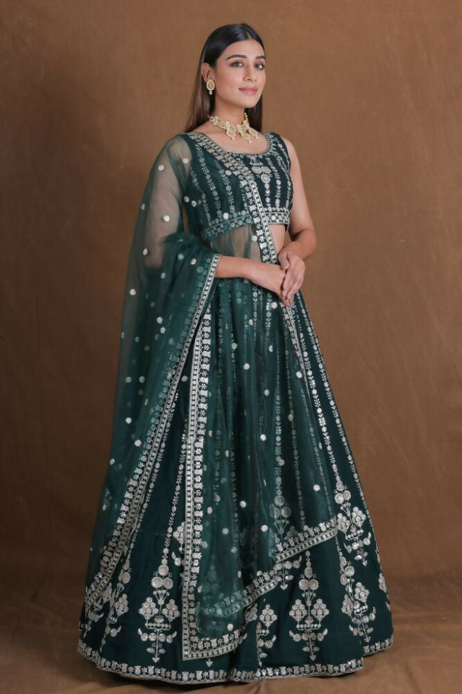 Bottlegreen Georgette Zari,Sequence Thread Embroidery Work Lehenga Choli - Jihu Culture | Grocsy