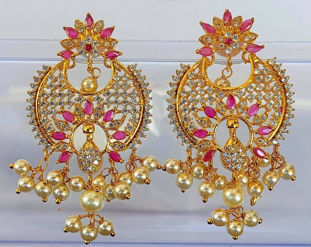 AD Ruby Designer Hanging Pearls Earrings | Grocsy