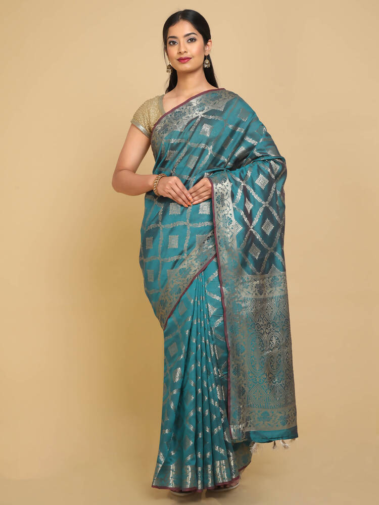 Kalamandir Checked Dark Blue Silk Blend Saree | Grocsy