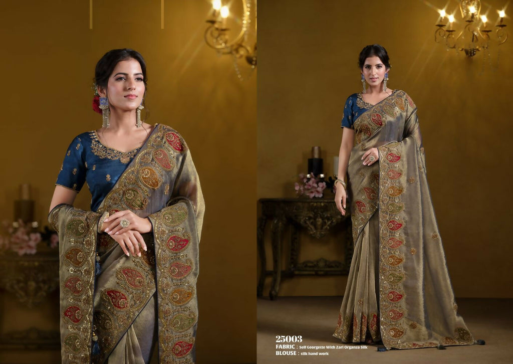 Teal Blue Pure Georgette Pure Khatli work Designer Saree With Blouse. - Rajasvi | Grocsy