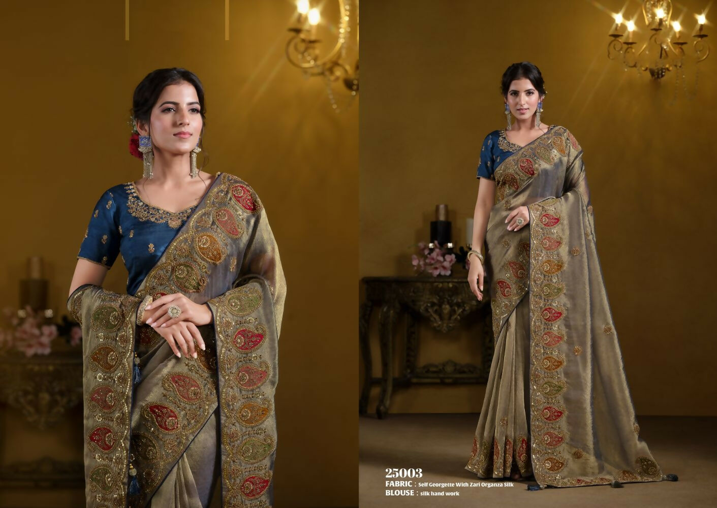 Teal Blue Pure Georgette Pure Khatli work Designer Saree With Blouse. - Rajasvi | Grocsy